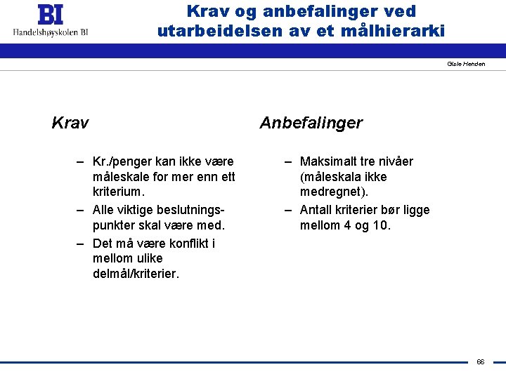 Krav og anbefalinger ved utarbeidelsen av et målhierarki Gisle Henden Krav – Kr. /penger