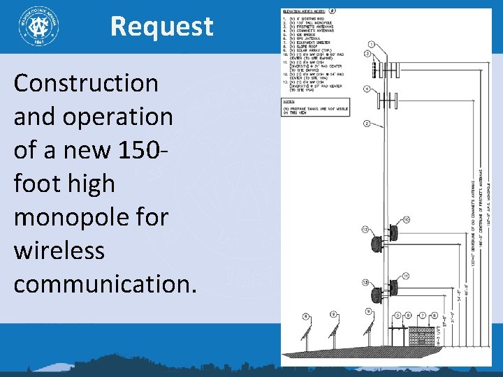 Request Construction and operation of a new 150 foot high monopole for wireless communication.