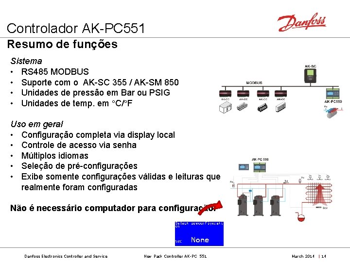 Controlador AK-PC 551 Resumo de funções Sistema • RS 485 MODBUS • Suporte com