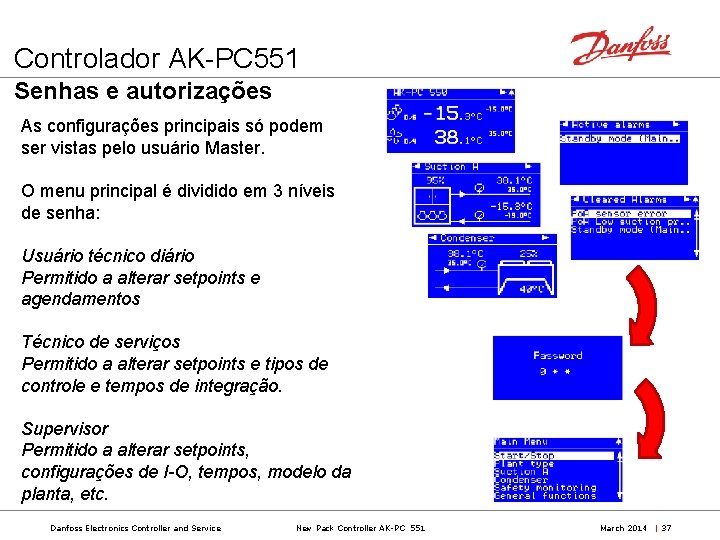 Controlador AK-PC 551 Senhas e autorizações As configurações principais só podem ser vistas pelo