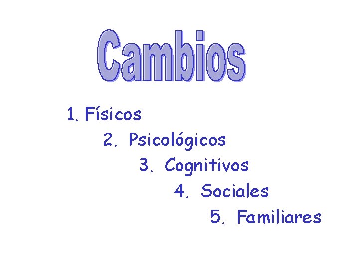 1. Físicos 2. Psicológicos 3. Cognitivos 4. Sociales 5. Familiares 