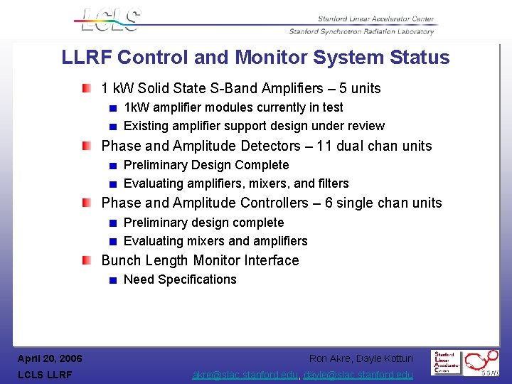 LLRF Control and Monitor System Status 1 k. W Solid State S-Band Amplifiers –