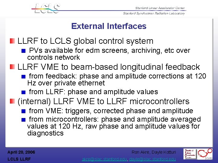 External Interfaces LLRF to LCLS global control system PVs available for edm screens, archiving,