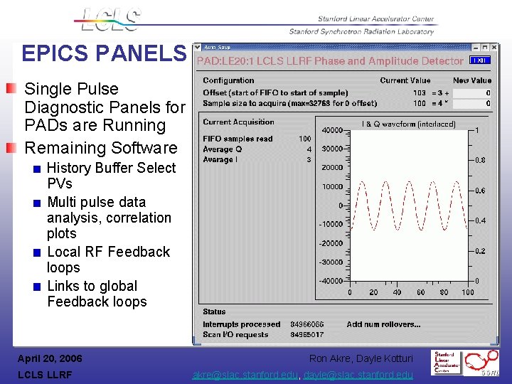 EPICS PANELS Single Pulse Diagnostic Panels for PADs are Running Remaining Software History Buffer