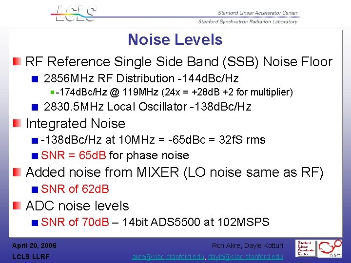 Noise Levels RF Reference Single Side Band (SSB) Noise Floor 2856 MHz RF Distribution