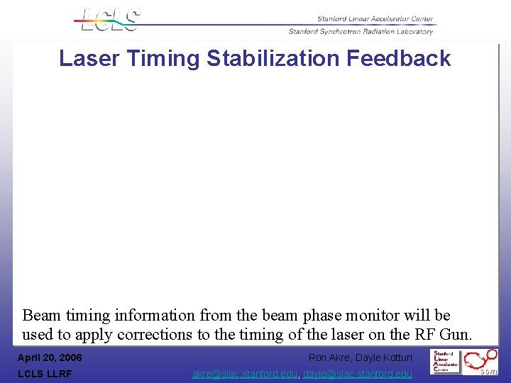 Laser Timing Stabilization Feedback Beam timing information from the beam phase monitor will be