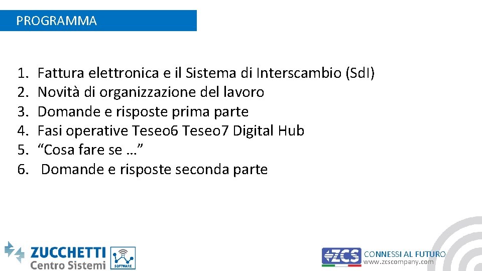 PROGRAMMA 1. 2. 3. 4. 5. 6. Fattura elettronica e il Sistema di Interscambio