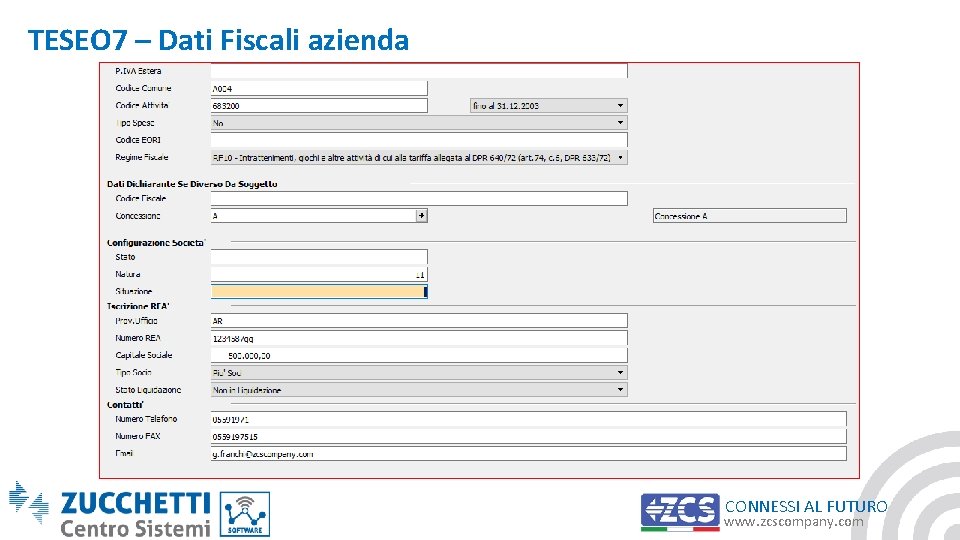 TESEO 7 – Dati Fiscali azienda CONNESSI AL FUTURO www. zcscompany. com 