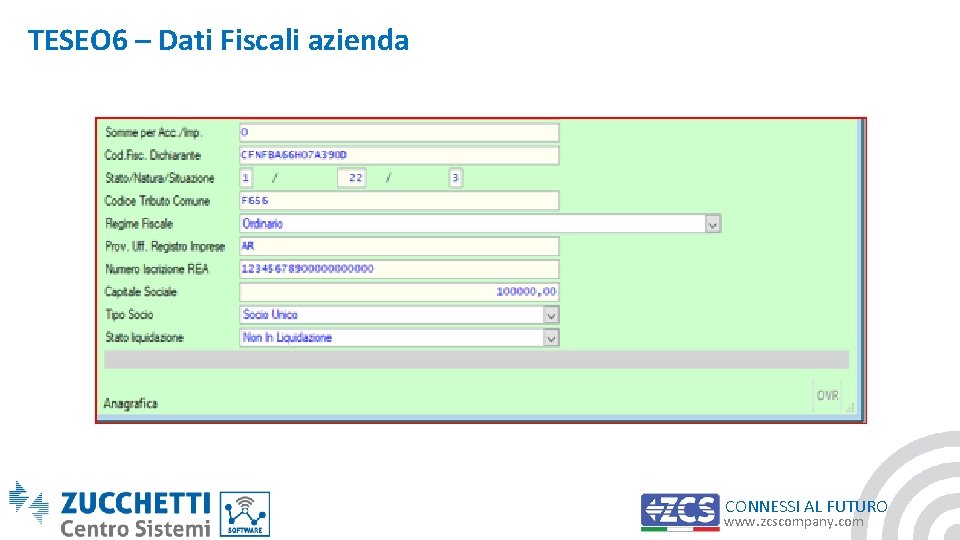 TESEO 6 – Dati Fiscali azienda CONNESSI AL FUTURO www. zcscompany. com 