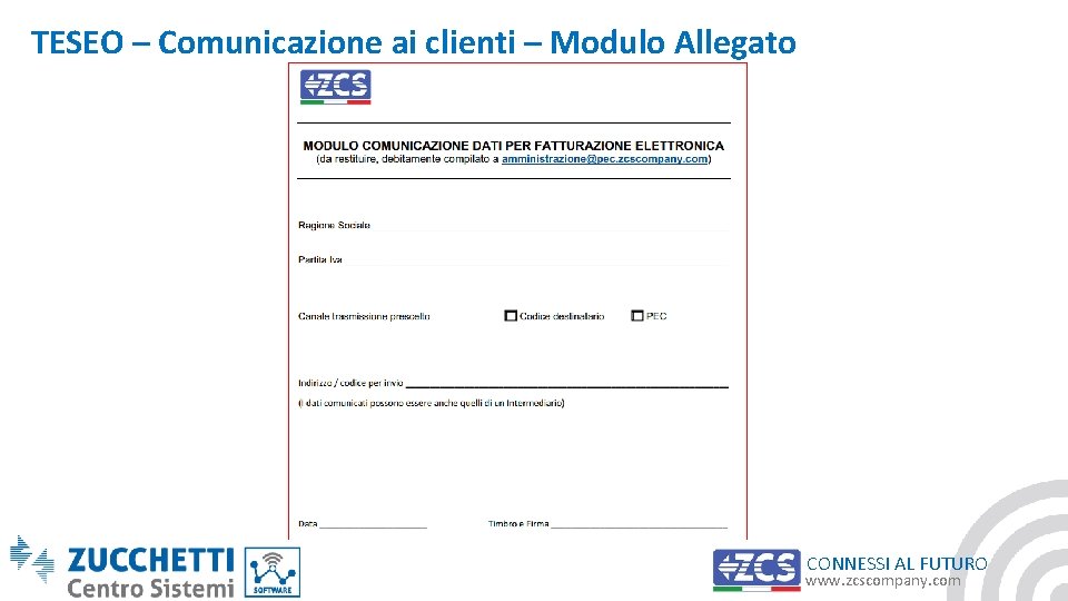 TESEO – Comunicazione ai clienti – Modulo Allegato CONNESSI AL FUTURO www. zcscompany. com