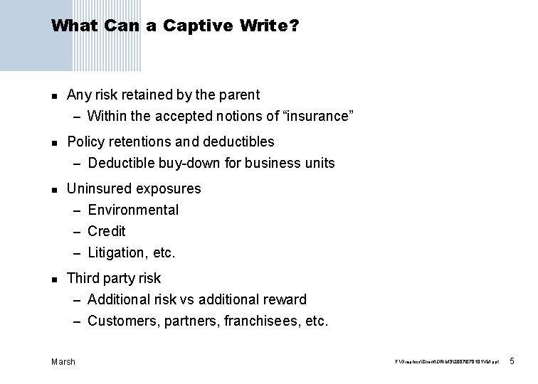 What Can a Captive Write? n n Any risk retained by the parent –