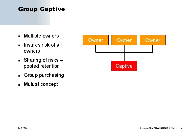 Group Captive n n n Multiple owners Insures risk of all owners Sharing of
