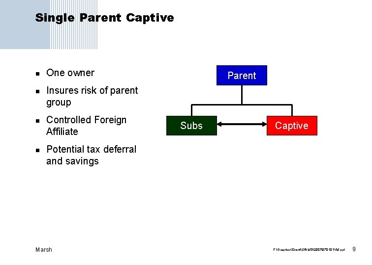 Single Parent Captive n n One owner Parent Insures risk of parent group Controlled