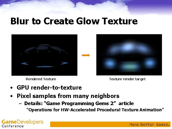 Blur to Create Glow Texture Rendered Texture render target • GPU render-to-texture • Pixel Blur to Create Glow Texture Rendered Texture render target • GPU render-to-texture • Pixel