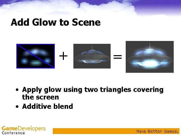 Add Glow to Scene + = • Apply glow using two triangles covering the Add Glow to Scene + = • Apply glow using two triangles covering the