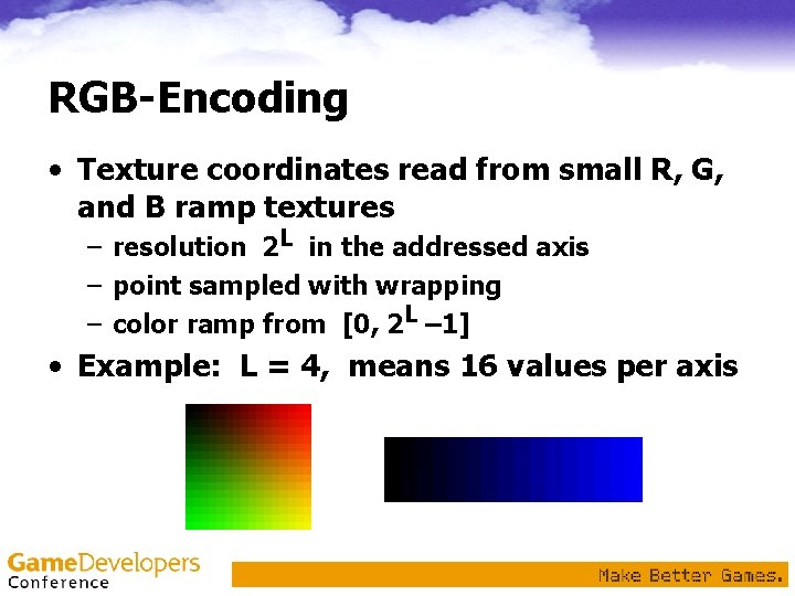 RGB-Encoding • Texture coordinates read from small R, G, and B ramp textures – RGB-Encoding • Texture coordinates read from small R, G, and B ramp textures –