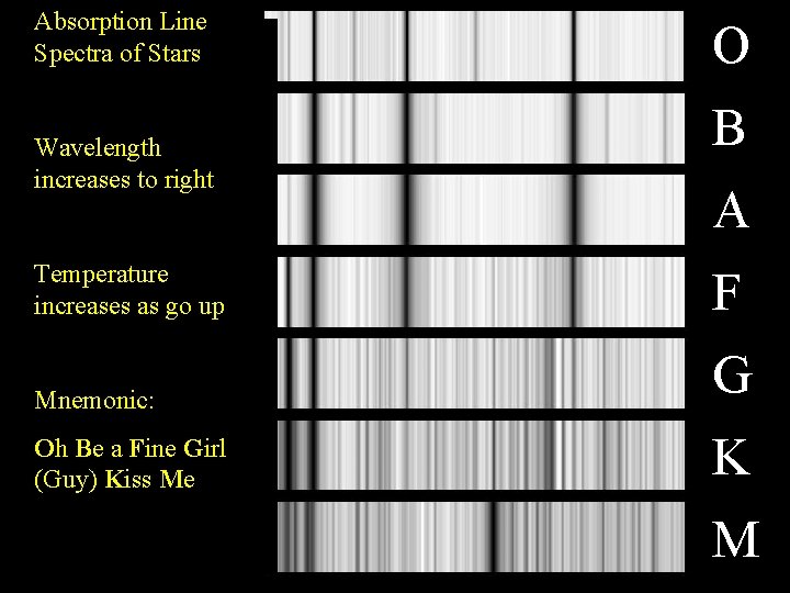 Absorption Line Spectra of Stars Wavelength increases to right O B A Temperature increases