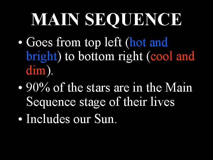 MAIN SEQUENCE • Goes from top left (hot and bright) to bottom right (cool