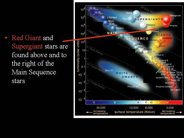 • Red Giant and Supergiant stars are found above and to the right • Red Giant and Supergiant stars are found above and to the right