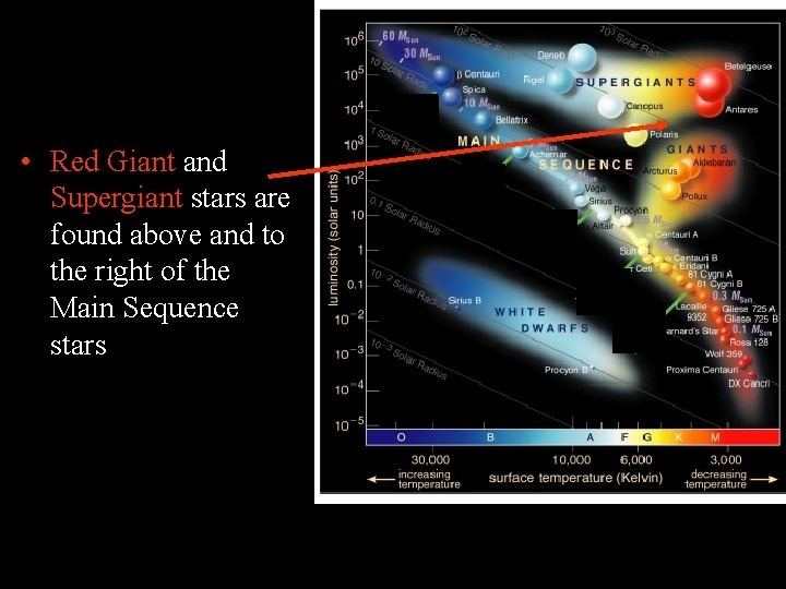  • Red Giant and Supergiant stars are found above and to the right