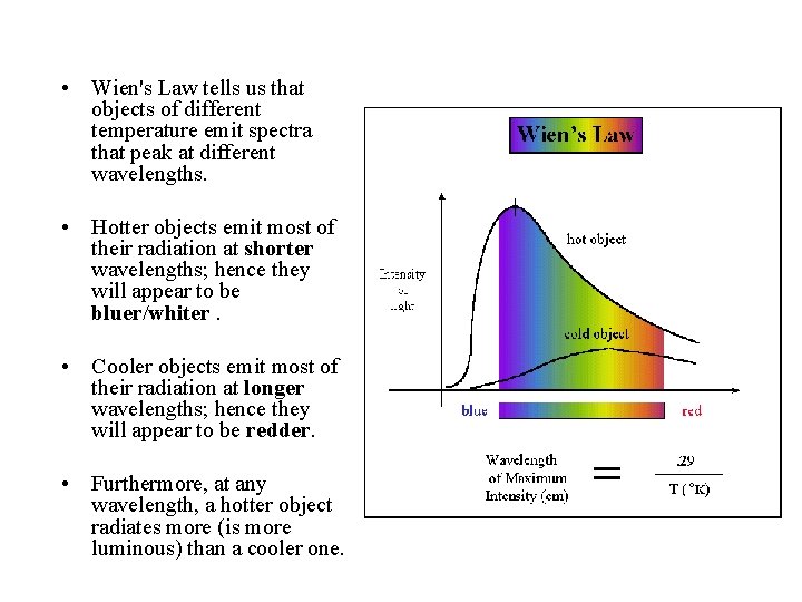  • Wien's Law tells us that objects of different temperature emit spectra that