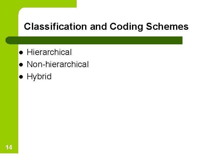 Classification and Coding Schemes l l l 14 Hierarchical Non-hierarchical Hybrid 