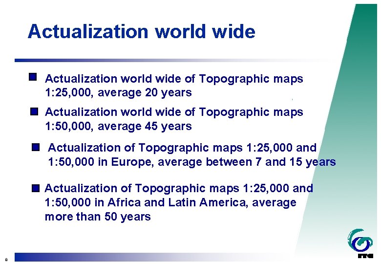 Actualization world wide of Topographic maps 1: 25, 000, average 20 years Actualization world
