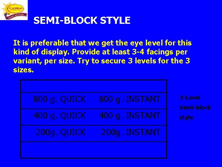 SEMI-BLOCK STYLE It is preferable that we get the eye level for this kind