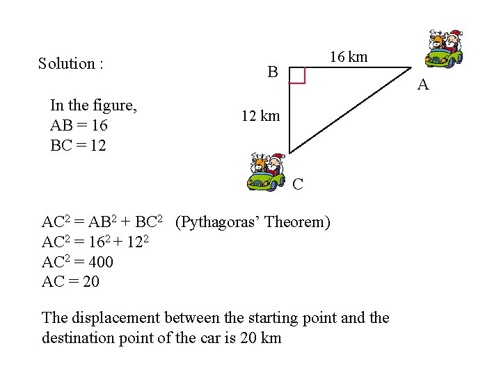 Solution : In the figure, AB = 16 BC = 12 16 km B
