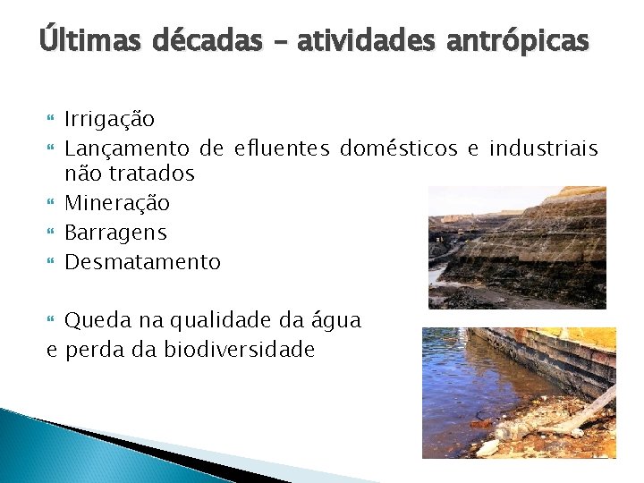 Últimas décadas – atividades antrópicas Irrigação Lançamento de efluentes domésticos e industriais não tratados