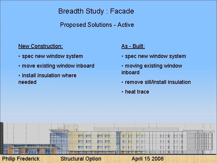 Breadth Study : Facade Proposed Solutions - Active New Construction: As - Built: •