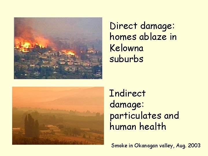 Direct damage: homes ablaze in Kelowna suburbs Indirect damage: particulates and human health Smoke