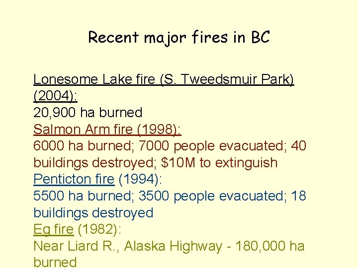 Recent major fires in BC Lonesome Lake fire (S. Tweedsmuir Park) (2004): 20, 900