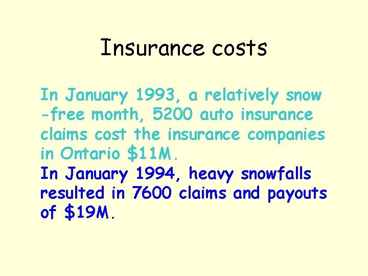 Insurance costs In January 1993, a relatively snow -free month, 5200 auto insurance claims