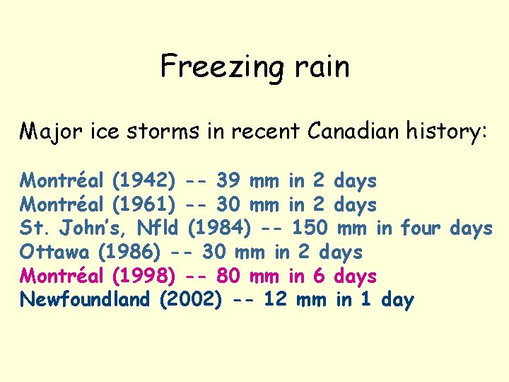 Freezing rain Major ice storms in recent Canadian history: Montréal (1942) -- 39 mm