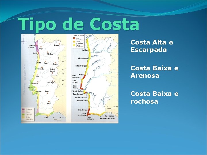 Tipo de Costa Alta e Escarpada Costa Baixa e Arenosa Costa Baixa e rochosa