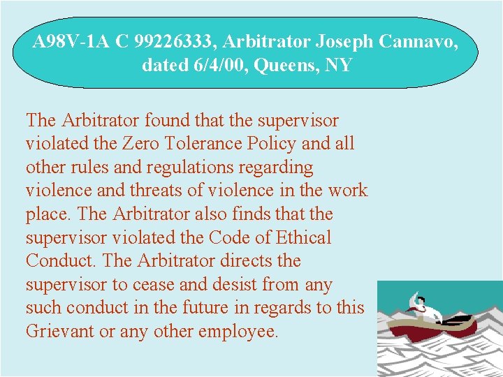 A 98 V-1 A C 99226333, Arbitrator Joseph Cannavo, dated 6/4/00, Queens, NY The