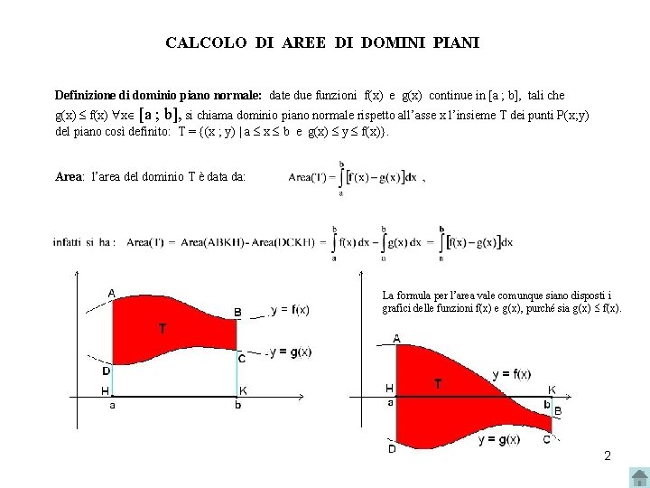 CALCOLO DI AREE DI DOMINI PIANI Definizione di dominio piano normale: date due funzioni CALCOLO DI AREE DI DOMINI PIANI Definizione di dominio piano normale: date due funzioni