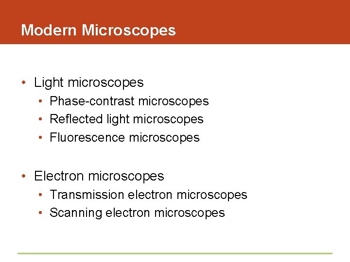 Modern Microscopes • Light microscopes • Phase-contrast microscopes • Reflected light microscopes • Fluorescence