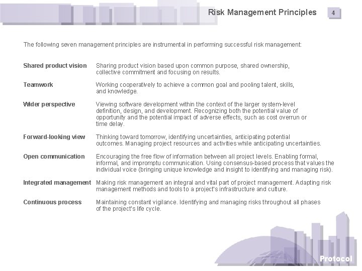 Risk Management Principles 4 The following seven management principles are instrumental in performing successful