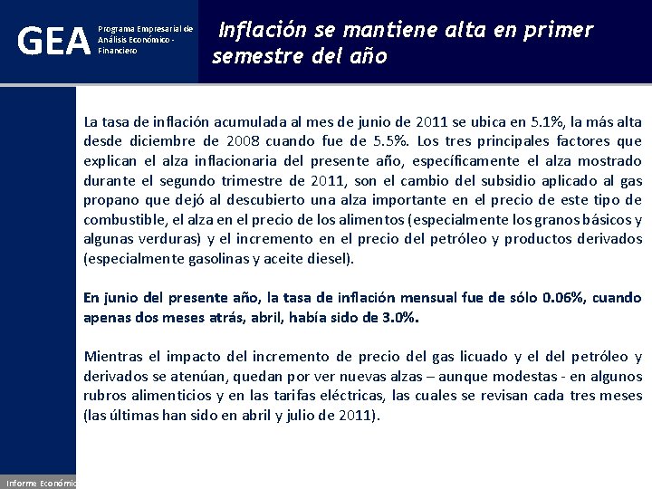 GEA Programa Empresarial de Análisis Económico - Financiero Inflación se mantiene alta en primer