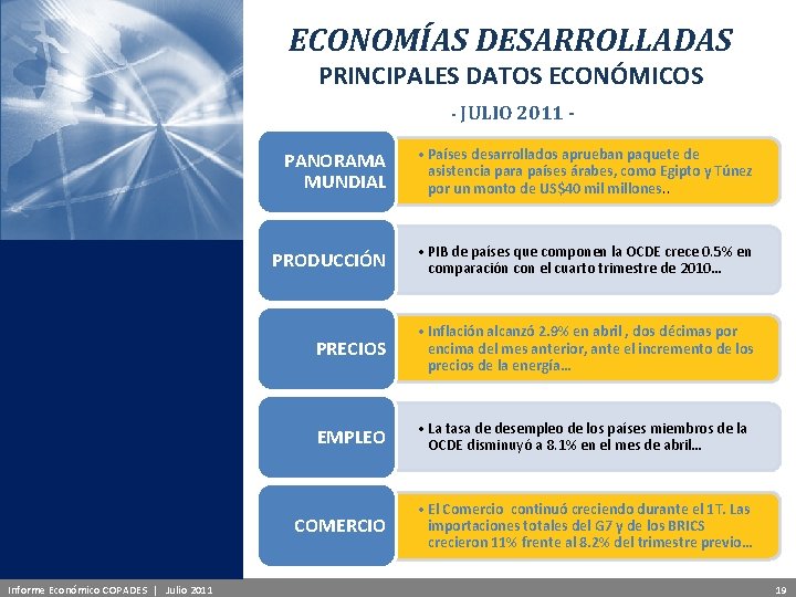 GEA Programa Empresarial de Análisis Económico - Financiero ECONOMÍAS DESARROLLADAS PRINCIPALES DATOS ECONÓMICOS -