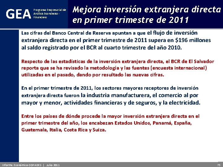 GEA Programa Empresarial de Análisis Económico - Financiero Mejora inversión extranjera directa en primer