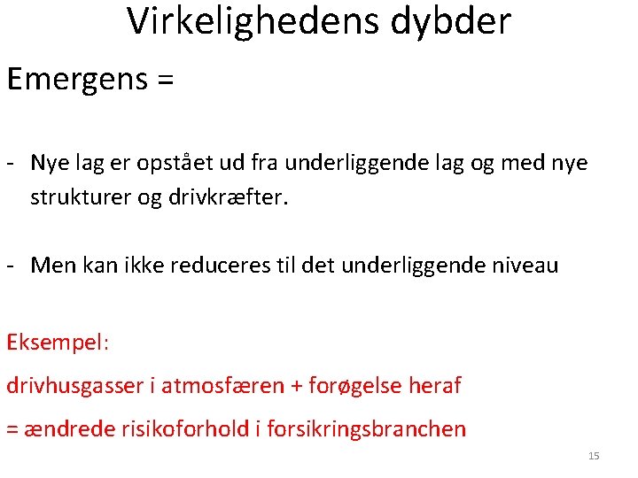 Virkelighedens dybder Emergens = - Nye lag er opstået ud fra underliggende lag og