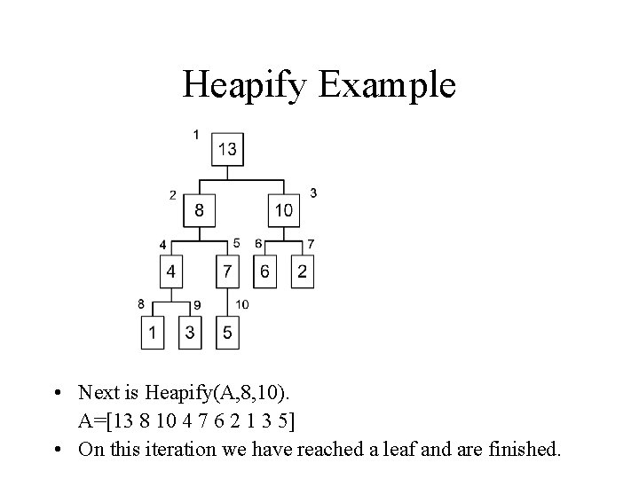 Heapify Example • Next is Heapify(A, 8, 10). A=[13 8 10 4 7 6