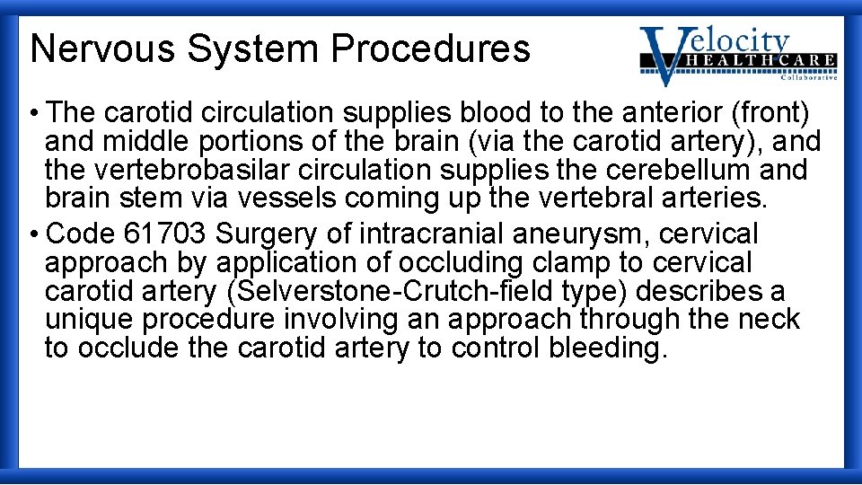 Nervous System Procedures • The carotid circulation supplies blood to the anterior (front) and
