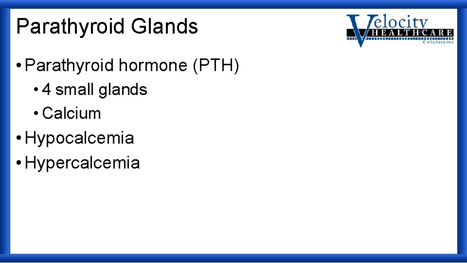 Parathyroid Glands • Parathyroid hormone (PTH) • 4 small glands • Calcium • Hypocalcemia