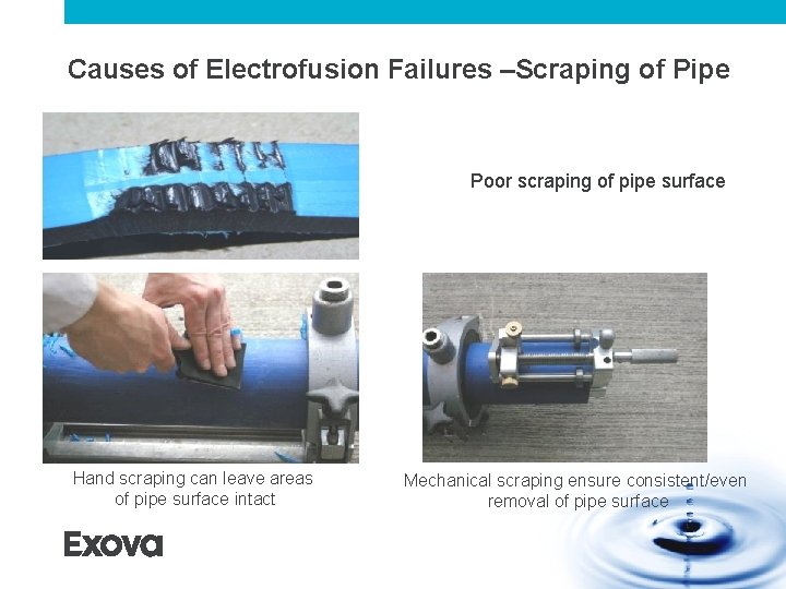 Causes of Electrofusion Failures –Scraping of Pipe Poor scraping of pipe surface Hand scraping Causes of Electrofusion Failures –Scraping of Pipe Poor scraping of pipe surface Hand scraping