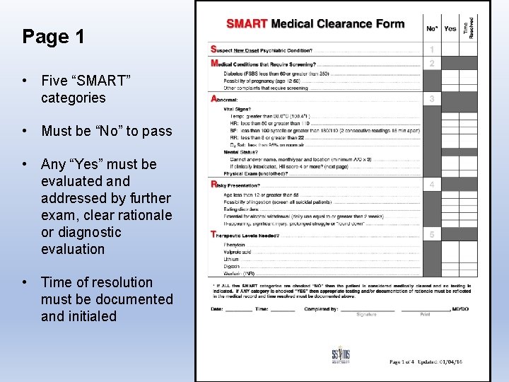 Page 1 • Five “SMART” categories • Must be “No” to pass • Any