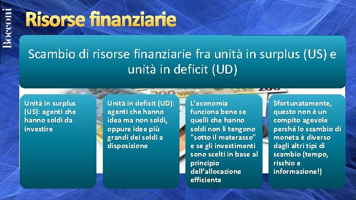 Risorse finanziarie Scambio di risorse finanziarie fra unità in surplus (US) e unità in